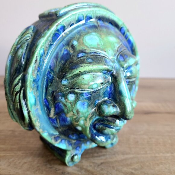 Rare handmade pottery whimsical vase or money saver with face image. Signed. - Picture 3 of 13
